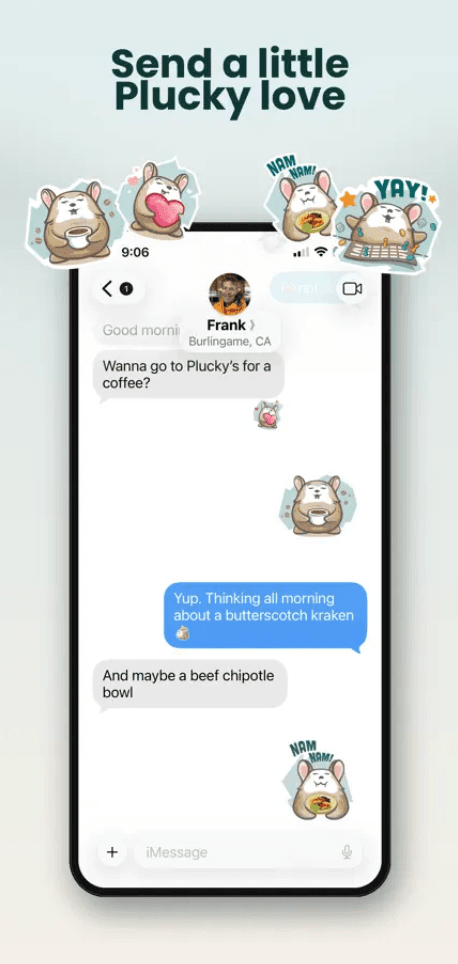 An iMessage conversation using Plucky stickers